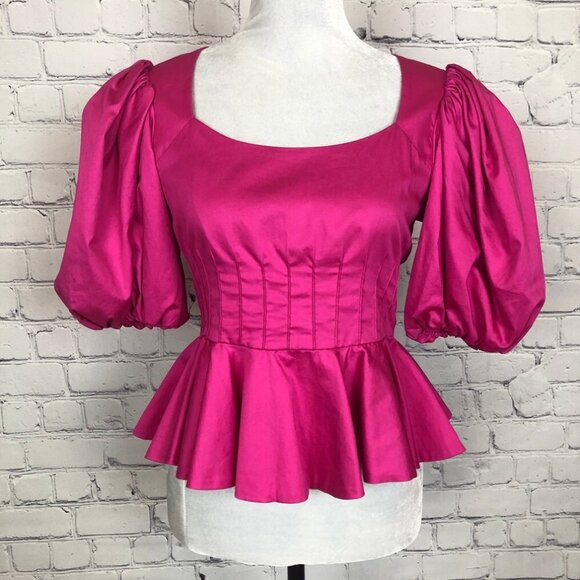 HUNTER BELL Tops - Hunter Bell Camille Puff Sleeve Peplum Top Size 2 Fuchsia Pink